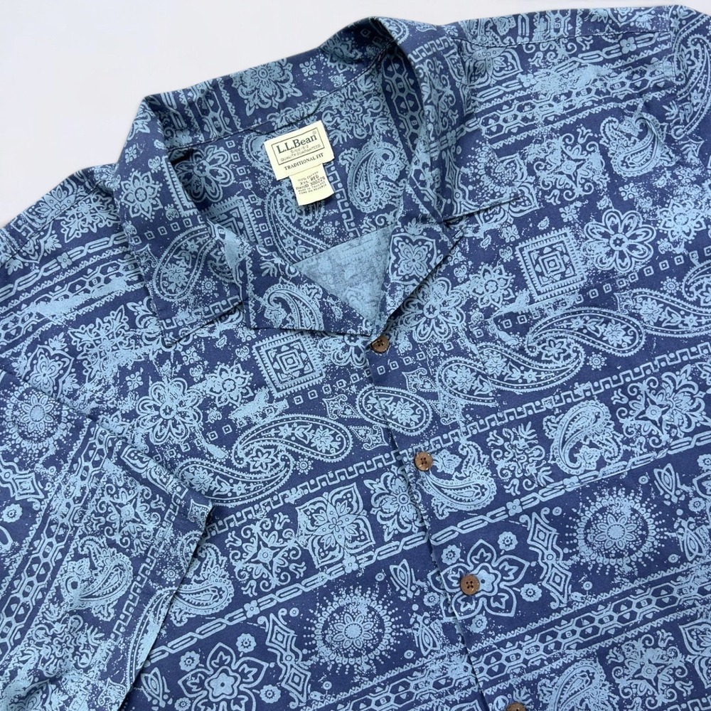 LL Bean Button Down‎ Shirt Mens XXL Blue Paisley Bandana Camp Collar Cotton